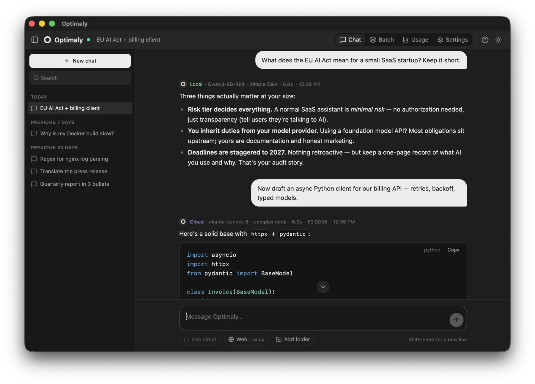 Optimaly chat: a simple question answered by the free local model, then a coding task routed to Claude for $0.0038